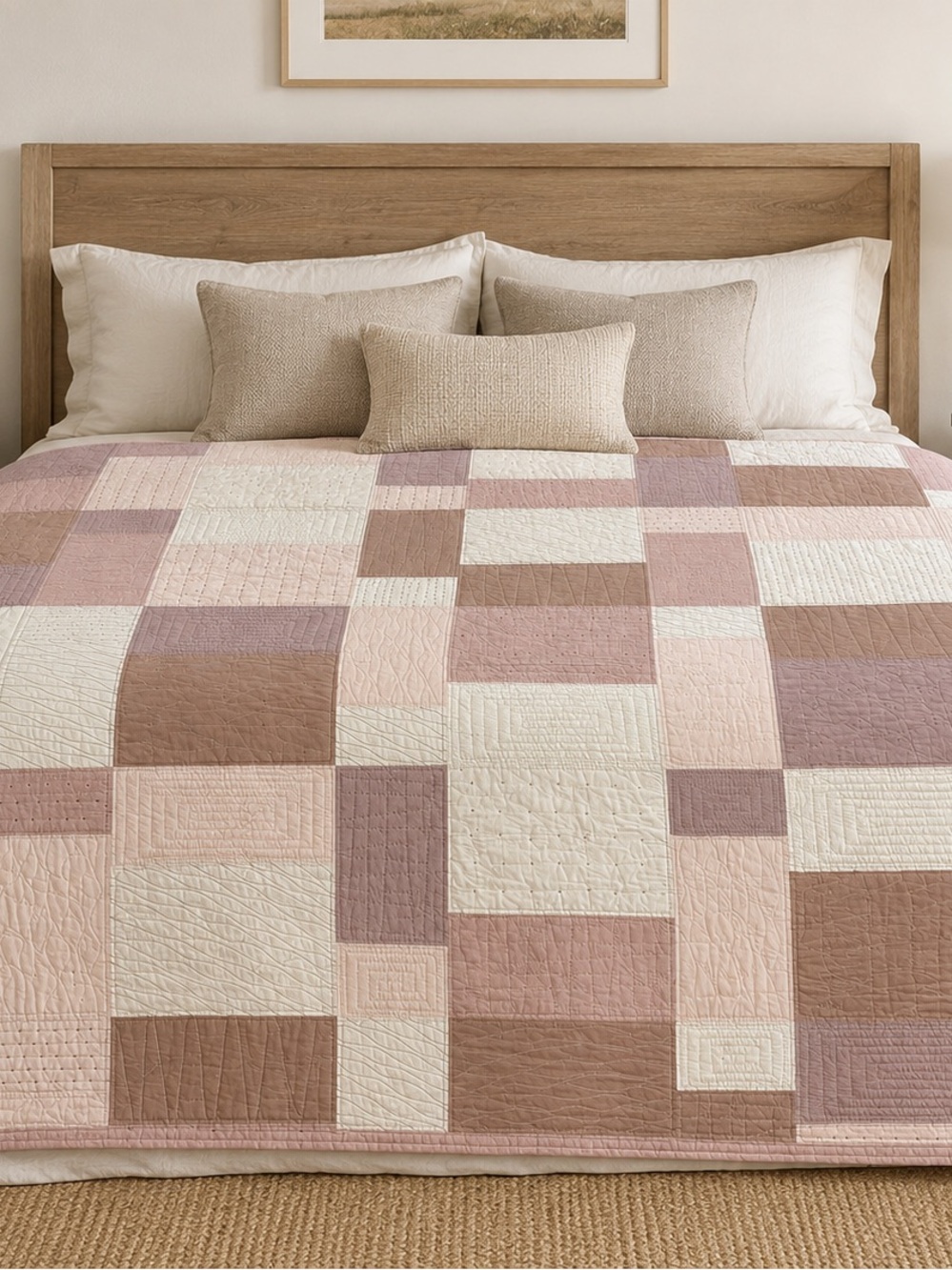 Vtg 90s Patchwork Appliqué Quilt King/CK Pick Stitch Comforter 112x95 Pink Brick